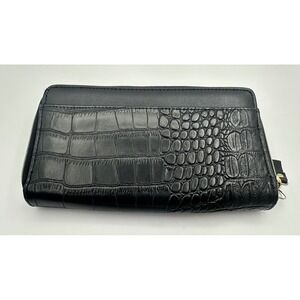 Black Crocodile Embossed Double Zip Around Wallet Gold Hardware Clutch